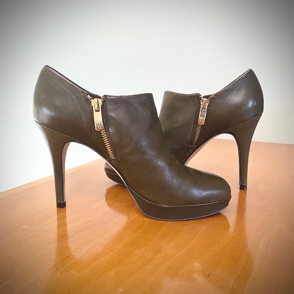 Vince Camuto "Elvin" Leather Platform Booties in Olive Drab Nappa, 6.5M